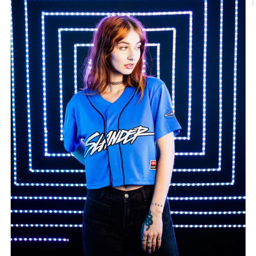 Slander Blue EDM DriFit Baseball Style”Superhuman” Cropped Festival Jersey M-XL?